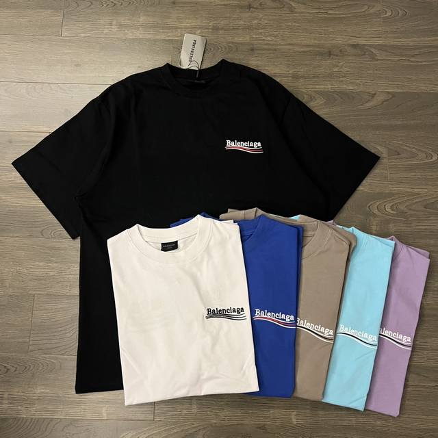 Balenciaga Classic Wave & Cola Embroidered Logo Couple's Round Neck Short-Sleeve