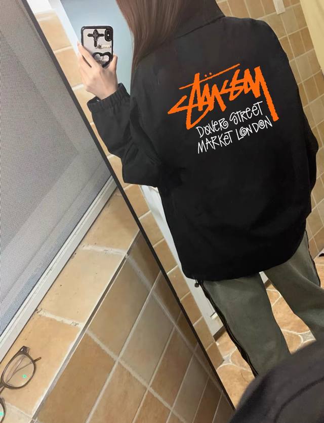 Stussy orange large logo stand collar coach jacket Selected high-quality woven t