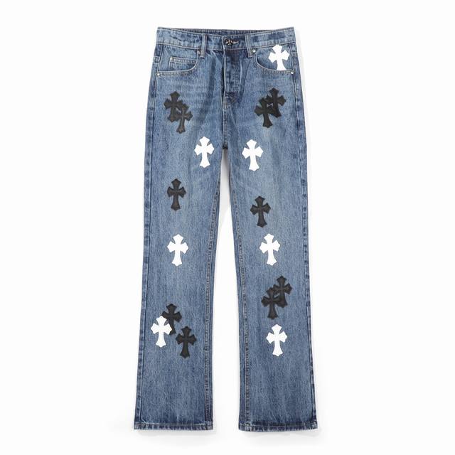 Chromehearts Chrome washed blue, black and white leather straight-leg jeans Top-