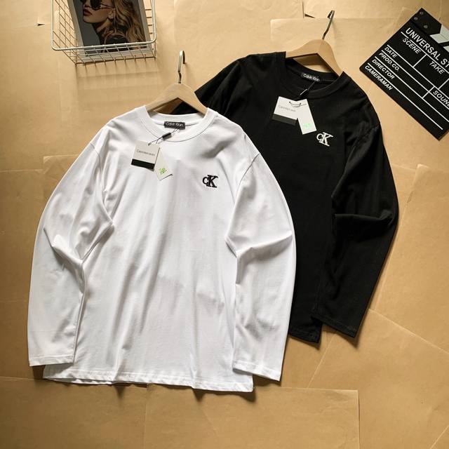 Ck Chest embroidery and back steel stamp embossing Round neck long-sleeved T Ful