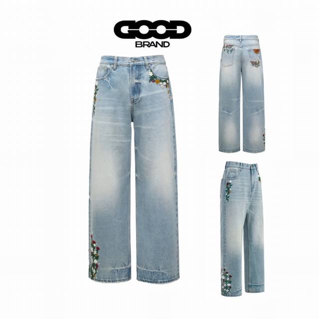 Top-grade, accurate version Goodbrand 2025Ss vintage denim trousers with vine-wr