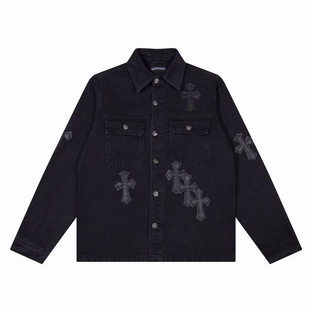 High-end Chrome Hearts washed denim shirt jacket with dark leather label and cr