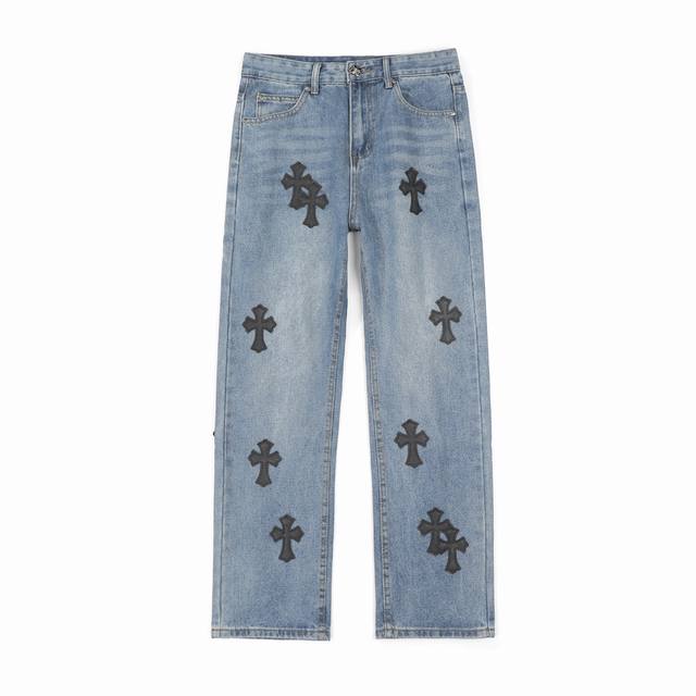 High-end version Chrome Hearts leather label cross washed jeans, unisex. All Ch