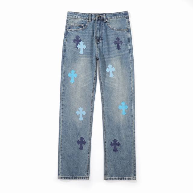 High-quality Chrome Hearts jeans with a cross-embroidered logo, unisex. Suitabl