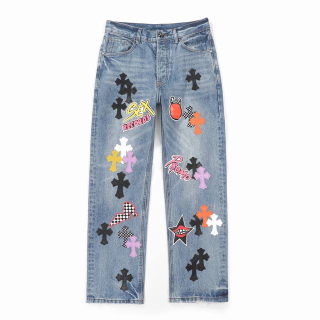 High-end Chrome Hearts Sexrecords distressed jeans with a full leather logo and