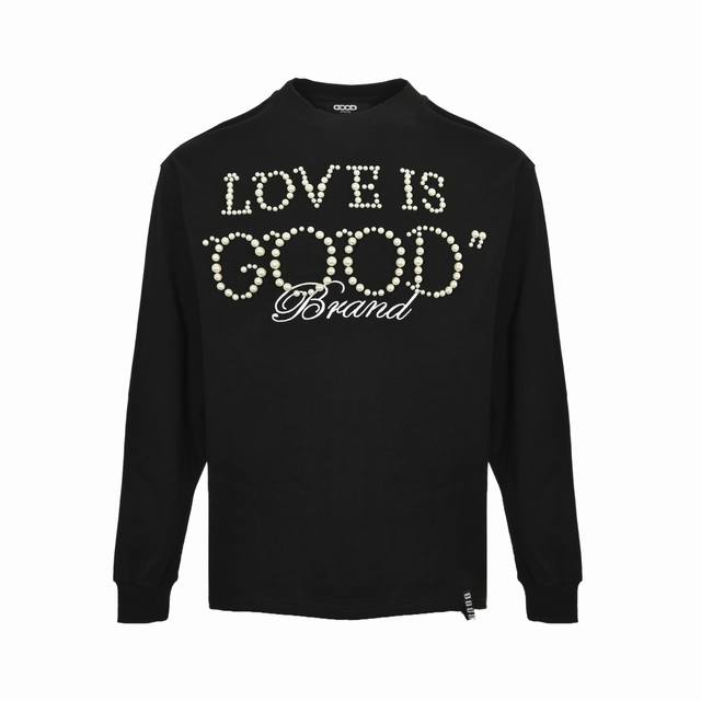 Good Brand classic pearl slogan long-sleeved T-shirtHeavy-duty pearl rivet inlay