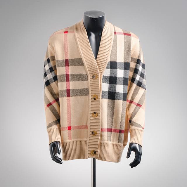 Burberry's high-quality checked wool jacquard knit cardigan is now available. Th