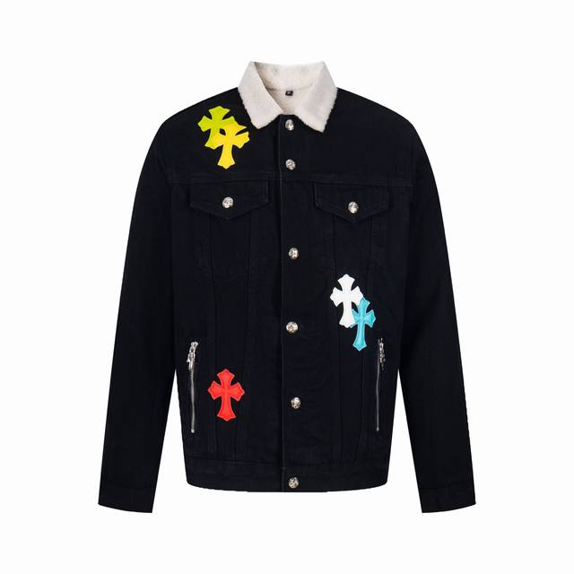 This high-end Chrome Hearts leather and lambswool denim jacket is unisex and ma