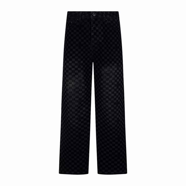 Louis Vuitton classic all-over checkerboard jeans, unisex. Highly detailed text