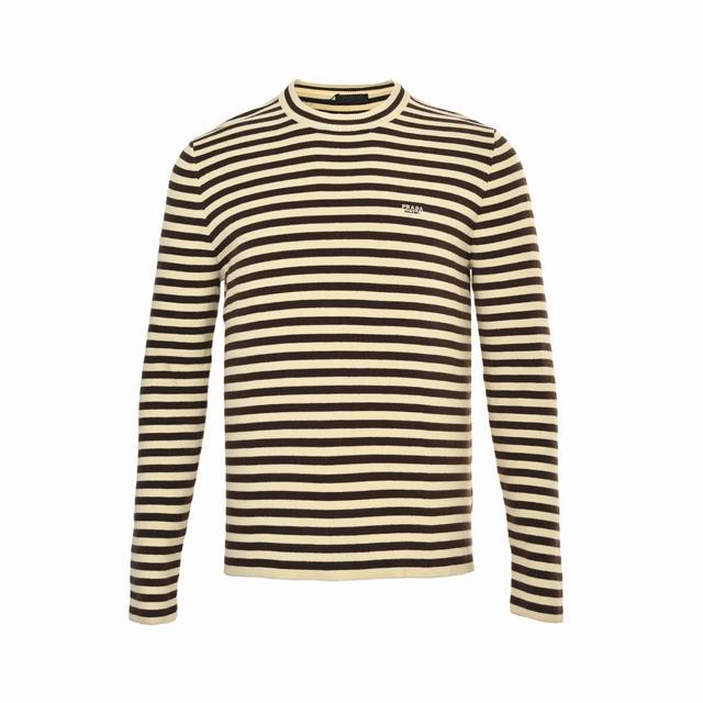 Prada 25Fw striped embroidered crewneck sweaterCustom-woven mercerized wool blen