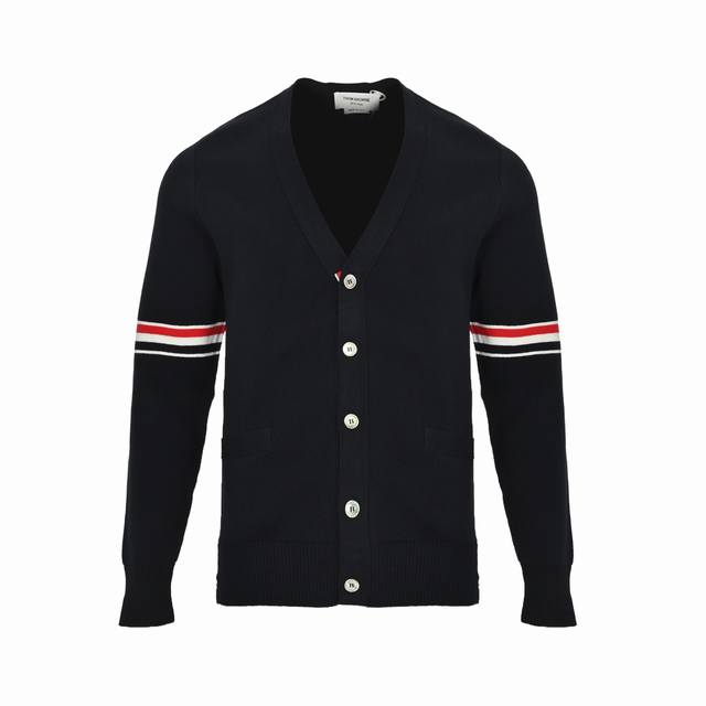 Thom Browne tricolor webbing cardigan sweater. Made from custom 26S fabric, weig