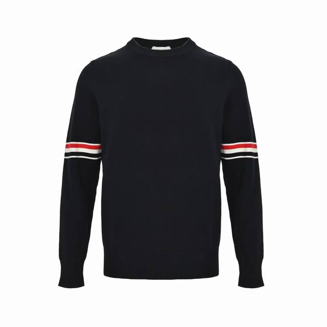Thom Browne tri-color webbing crewneck sweater. Made from custom 26S fabric, thi