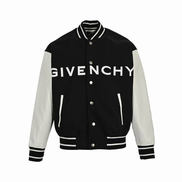 Givenchy baseball jacket with embroidered letters and leather sleeves. The main