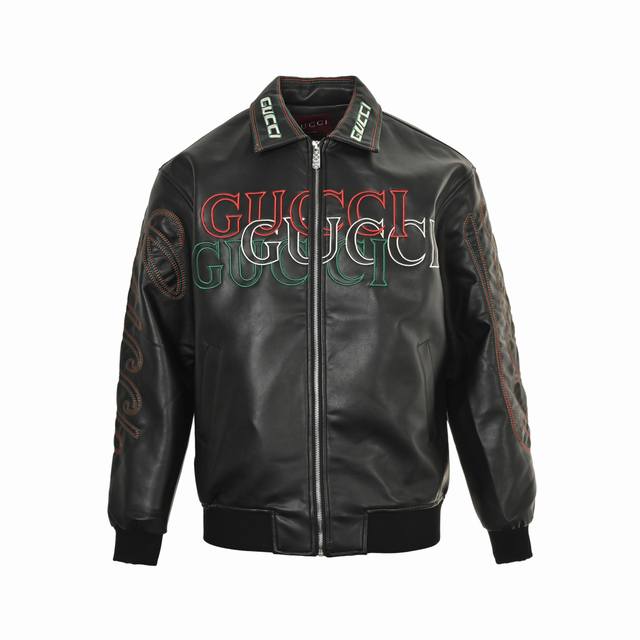 Gucci 25Fw leather jacket with embroidered Gucci logo on the chest. This season'