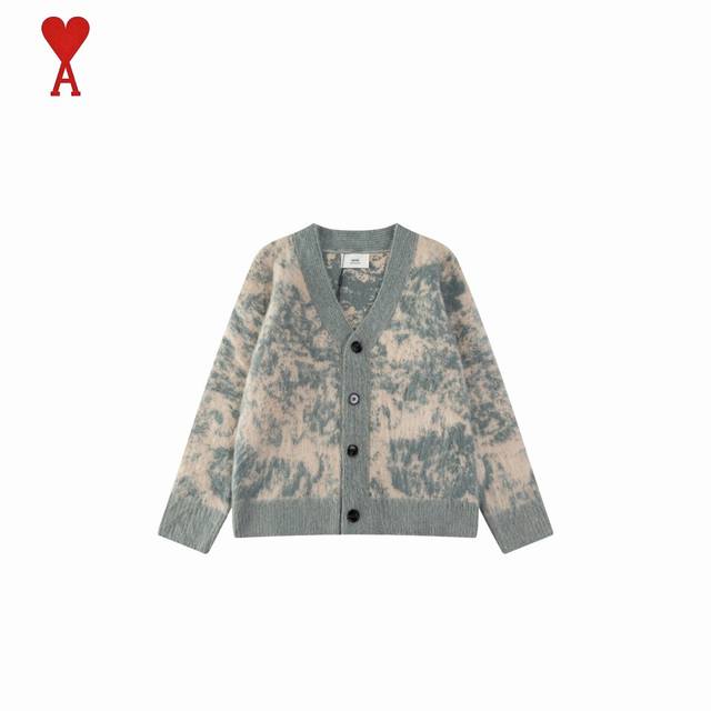 Ami paris 25Fw blue and white porcelain rendering cardigan sweater looks good on