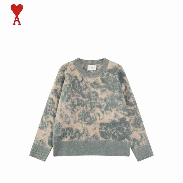 Ami paris 25Fw blue and white porcelain rendering round neck sweater looks good