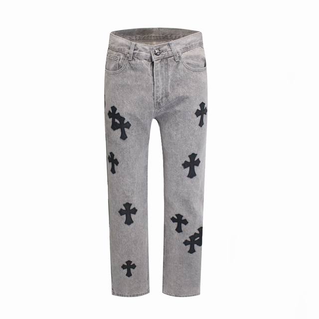 High-end Chrome Hearts leather label cross washed distressed jeans, unisex. All