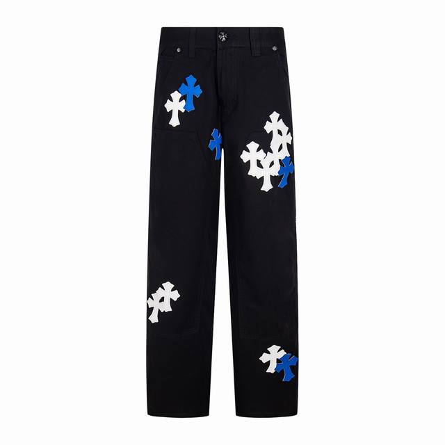 High-end Chrome Hearts leather logo cross-logo jeans, unisex. Authentically rec