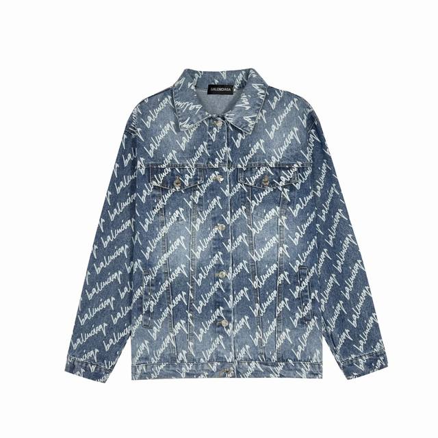 High-end Balenciaga denim jacket with all-over lettering, unisex style. The sil