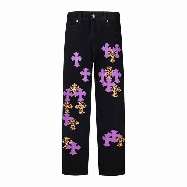 High-end Chrome Hearts leopard print purple leather cross jeans, unisex. All Ch
