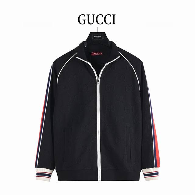 Gucci 25Fw all-over Double G jacquard red and green striped webbing jacket. Made