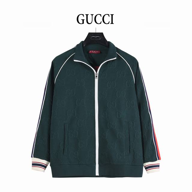 Gucci 25Fw all-over Double G jacquard red and green striped webbing jacket. Made