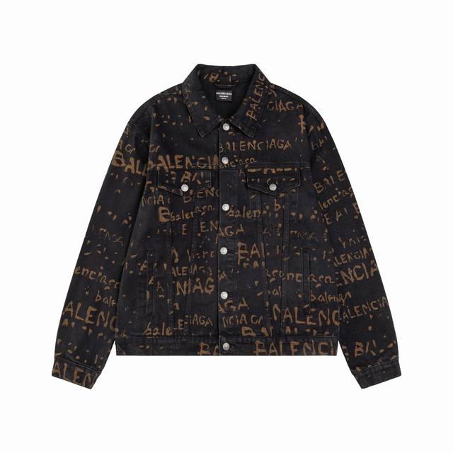 High-end Balenciaga denim jacket with all-over lettering, unisex style. The sil
