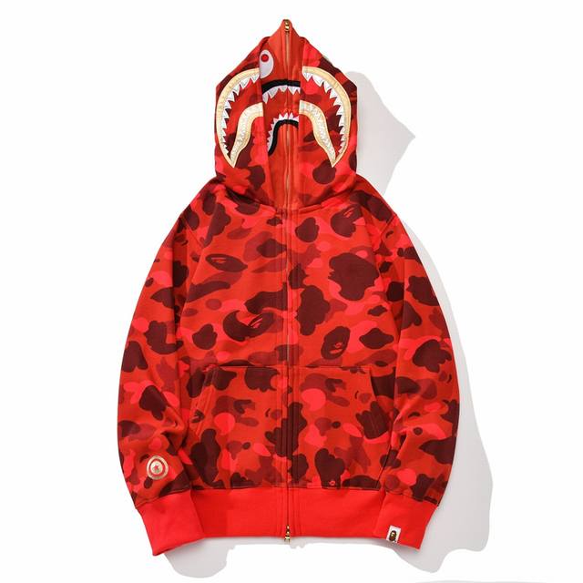 New arrival! High-end edition Bape shark head gold double-hooded camouflage swe