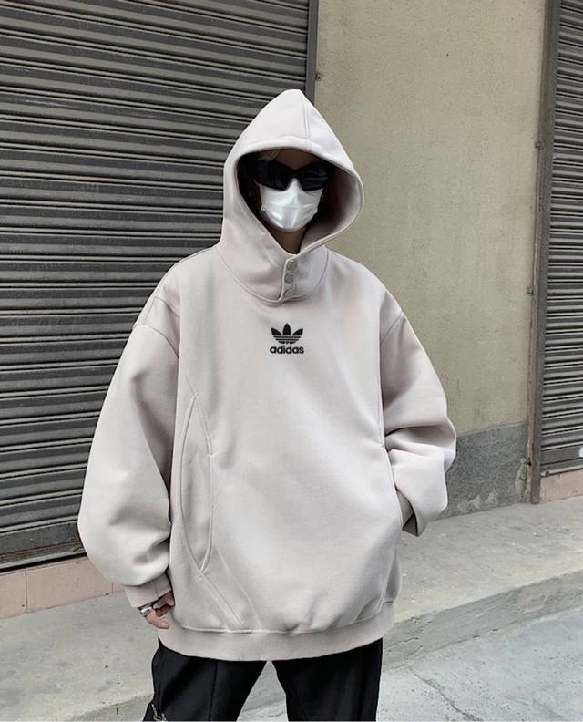 Adidas Turtleneck Button-Panel Hooded American-Style Drop Shoulder Sweatshirt.