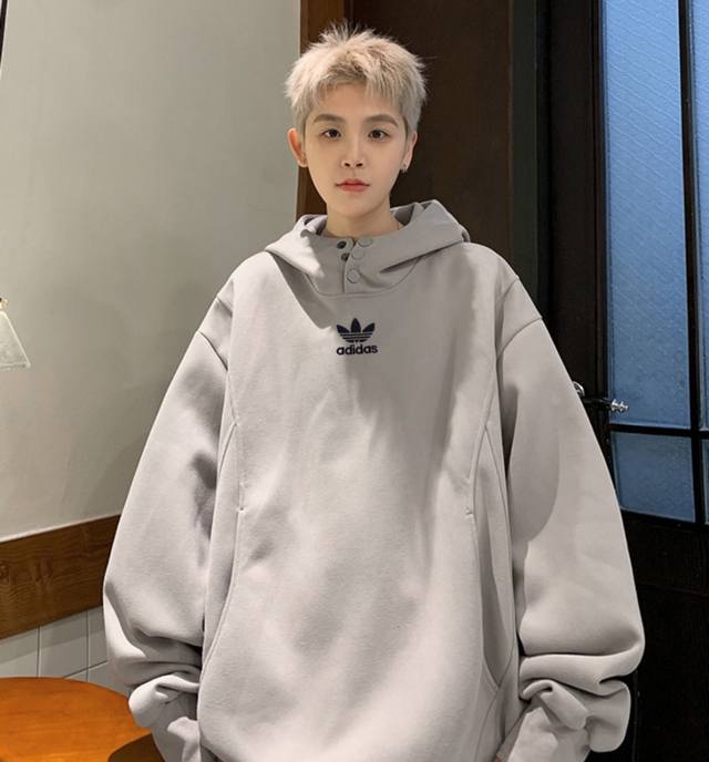 Adidas Turtleneck Button-Panel Hooded American-Style Drop Shoulder Sweatshirt.