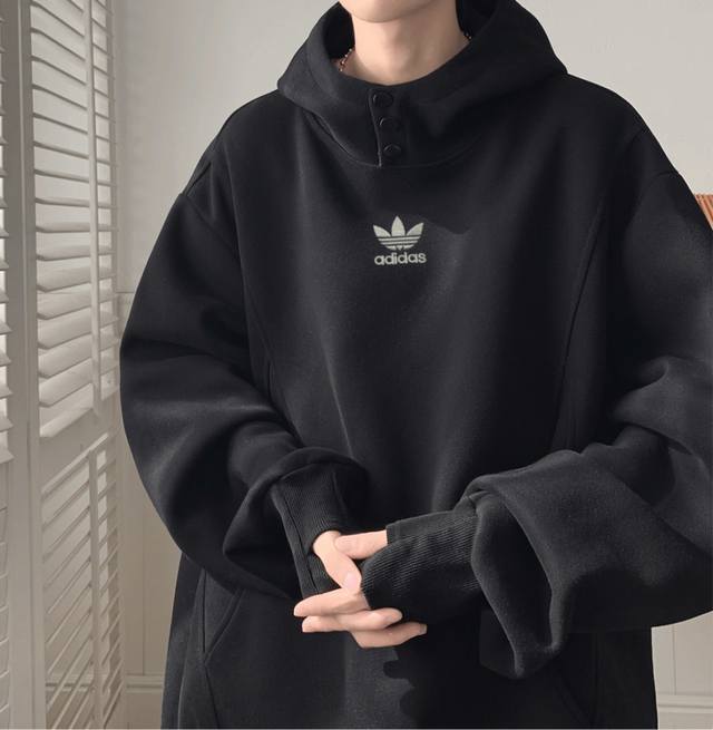 Adidas Turtleneck Button-Panel Hooded American-Style Drop Shoulder Sweatshirt.