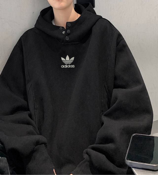 Adidas Turtleneck Button-Panel Hooded American-Style Drop Shoulder Sweatshirt. U