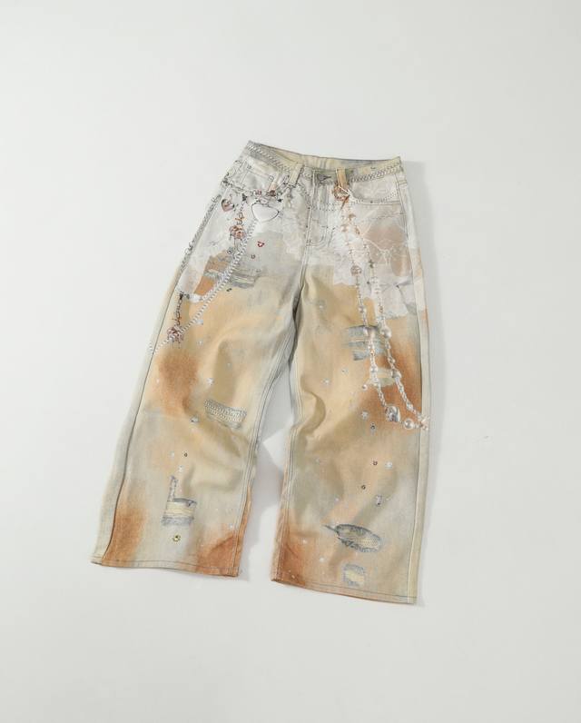 Acfeng 25Fw 3D Digital Printed, Heavy Lace, Pearl Chain, Distressed Straight-Leg