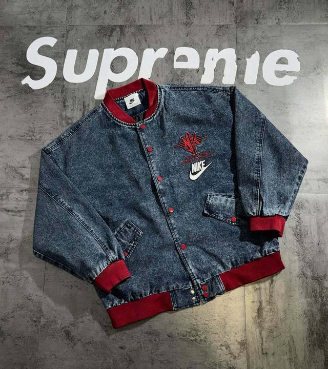 Nike retro autumn versatile retro elements couple baseball jacket fabric denim m