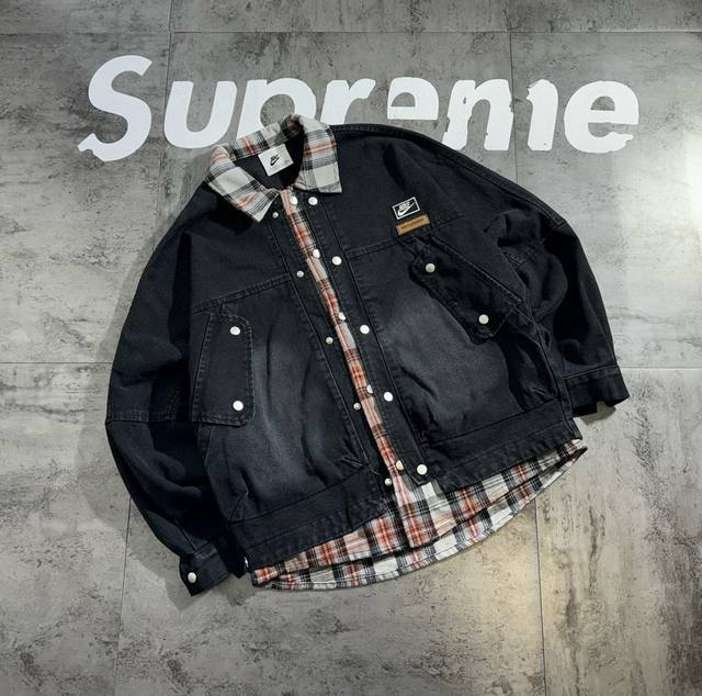 Nike contrast color stitching 2025 autumn new retro denim shirt jacket fabric is