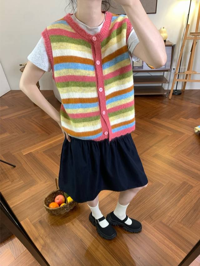 Sandro Colorful Striped Knit Vest, Dopamine Rainbow Striped Knit Vest for Women.