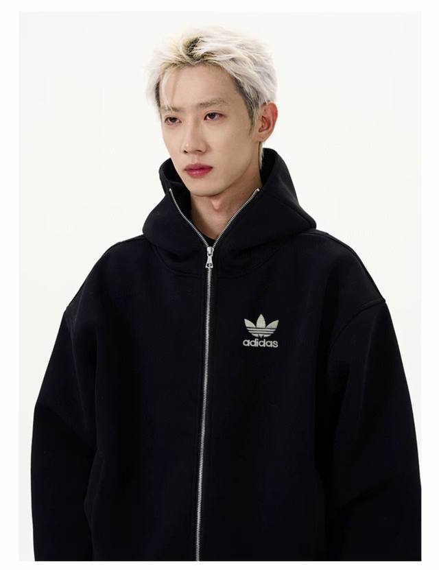Overseas version of Adidas Trefoil Silver Zipper Cardigan with Embroidery, Amer