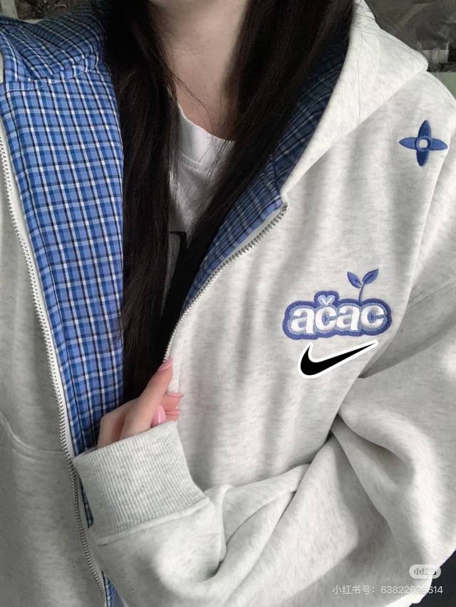 Nike Plaid Lined Hooded Sweatshirt for Women, Autumn Trendy Brand, Heavyweight C