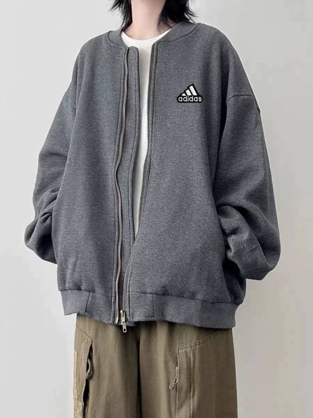 Adidas Autumn Dark Gray Basic Retro Japanese Couple Waffle Baseball Collar Casua