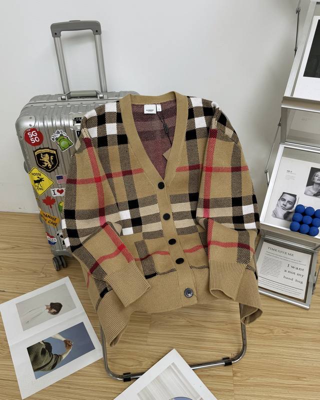 Burberry Classic Striped Plaid V-Neck Cardigan Sweater JacketA timeless classic