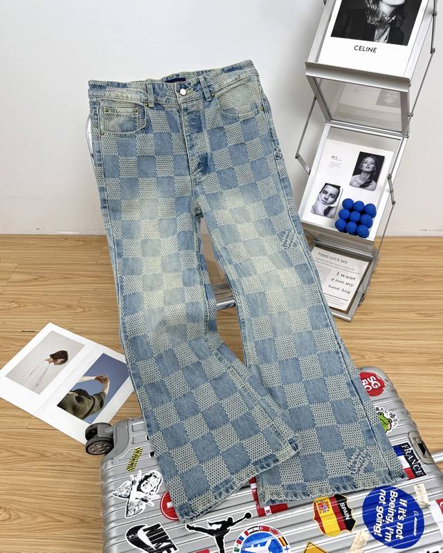 Louis Vuitton 2025Fw Checkerboard Couple's Bootcut Jeans . Custom Yb twill cott