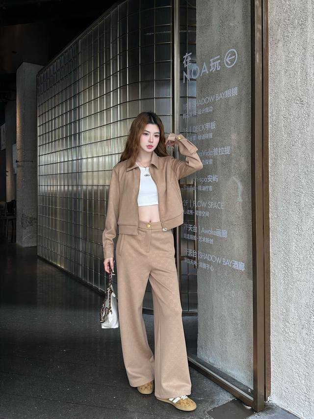 Gucci zipper jacket + elastic waist trousers with fashionable lapel zipper jacke