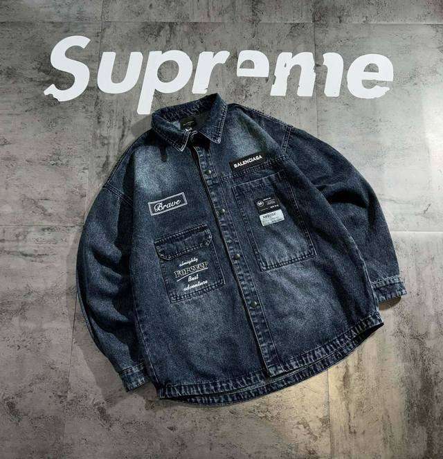 Balenciaga graffiti gradient splicing autumn new embroidered vintage denim shir
