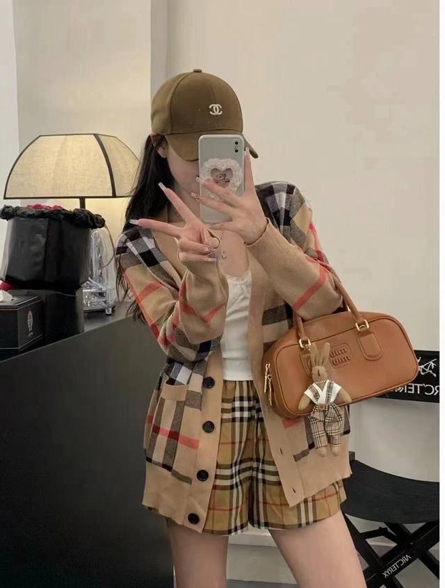 Model Image# Burberry Classic Striped Plaid V-Neck Cardigan Sweater JacketA time