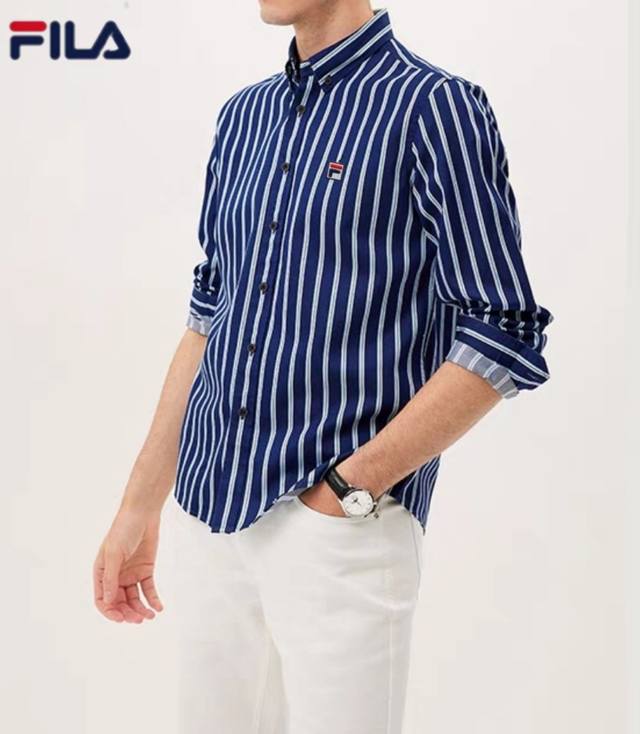 Fila men's striped, versatile, mercerized long-sleeved shirt with embroidered sm