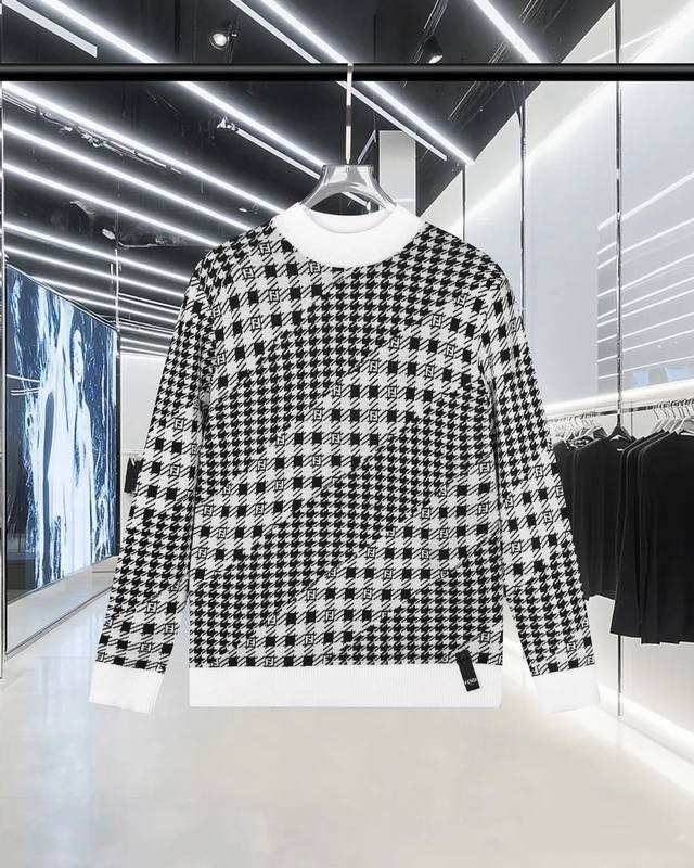 For Fendi Autumn/Winter Twill Houndstooth Double F Monogram Logo Long-Sleeved Ro
