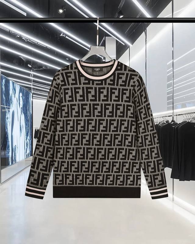 Offer: Fendi plaid double Ff jacquard logo sweater, long-sleeved crew neck swea