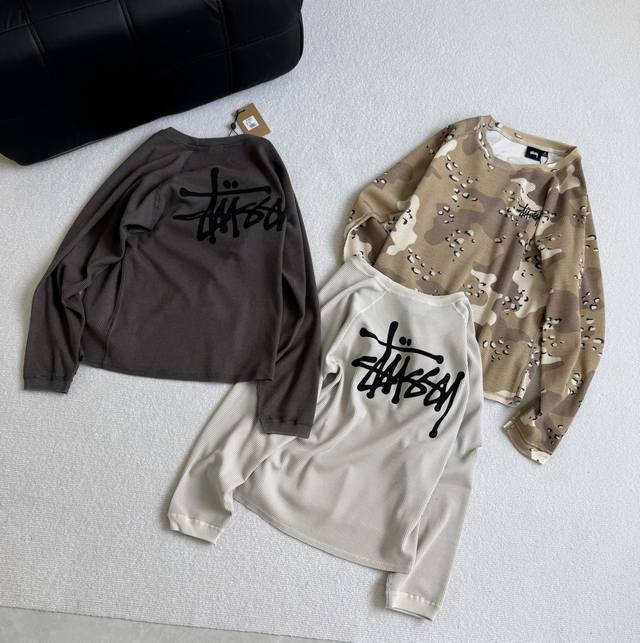 Stussy Autumn Collection Logo Design Raglan Waffle Long Sleeve American Retro T-