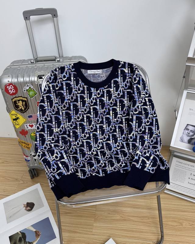 Dior Ss blue sheep wool jacquard fabric with all-over lettering pullover crew ne