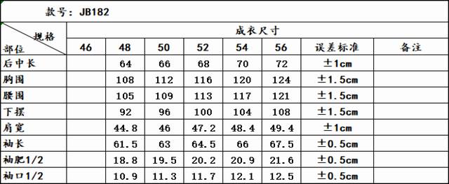 Bc jacket size chart Jb182Fjl